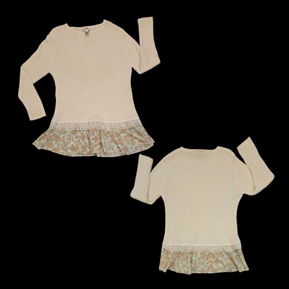Talbots Cream Knit Sweater Floral Ruffle Hem Top Long Sleeve Feminine Chic XL EC - Picture 4 of 6